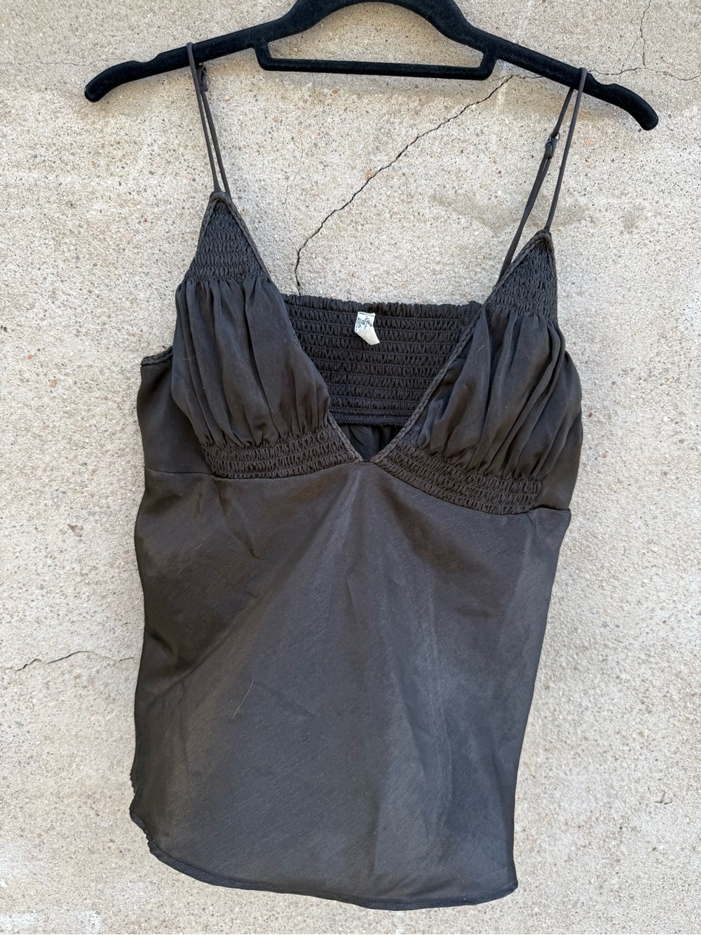 Free People Intimates Satin Black Smocked Bust Dark Grey Silky Cami Top